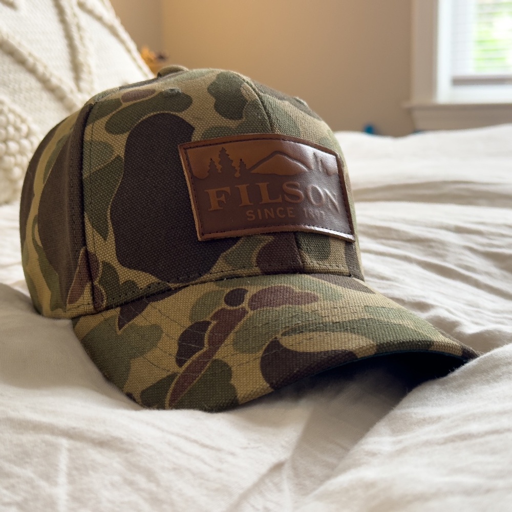 Filson Camo Trucker Hat w/ Leather Strap
